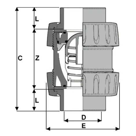 1V230 — True union spring check valve, ISO metric plain solvent weld socket