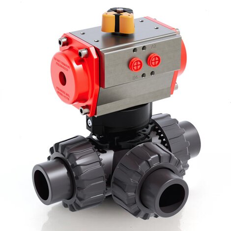 LKDAV/CP DA - Pneumatically actuated DUAL BLOCK® 3-way ball valve - PVC-U Pneumatically actuated valves