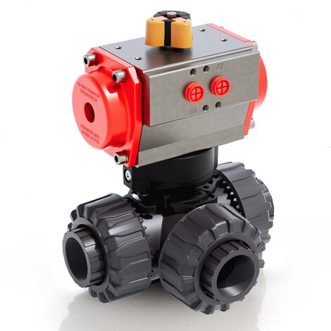 LKDFV/CP SA - Pneumatically actuated DUAL BLOCK® 3-way ball valve - PVC-U Pneumatically actuated valves