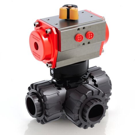 LKDIV/CP SA - Pneumatically actuated DUAL BLOCK® 3-way ball valve - PVC-U Pneumatically actuated valves