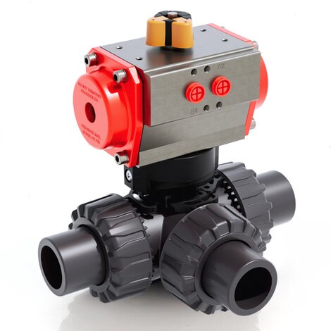 LKDJV/CP DA - Pneumatically actuated DUAL BLOCK® 3-way ball valve - PVC-U Pneumatically actuated valves