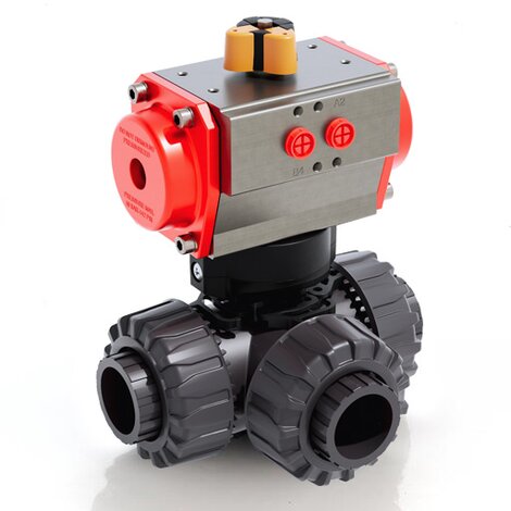LKDLV/CP SA - Pneumatically actuated DUAL BLOCK® 3-way ball valve - PVC-U Pneumatically actuated valves