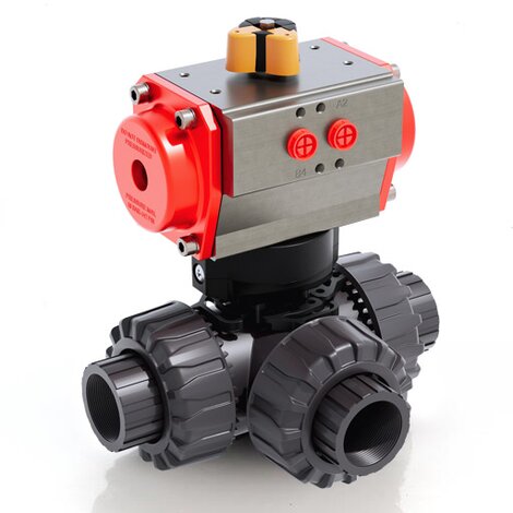 LKDNV/CP SA - Pneumatically actuated DUAL BLOCK® 3-way ball valve - PVC-U Pneumatically actuated valves