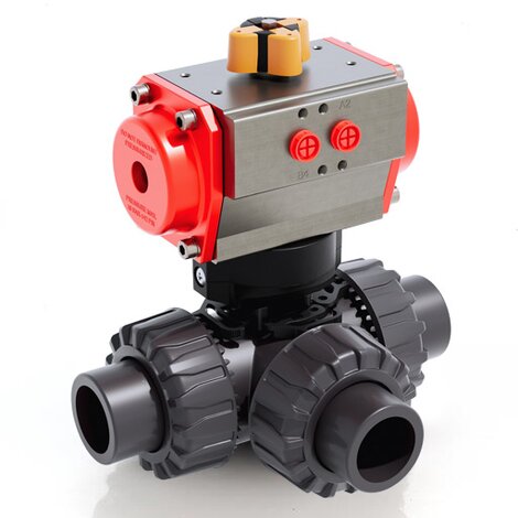 TKDAV/CP DA - Pneumatically actuated DUAL BLOCK® 3-way ball valve - PVC-U Pneumatically actuated valves