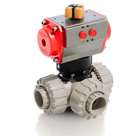 TKDIM/CP DA - Pneumatically actuated DUAL BLOCK® 3-way ball valve - PP-H Pneumatically actuated valves