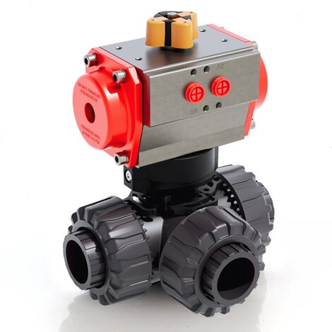 TKDIV/CP DA - Pneumatically actuated DUAL BLOCK® 3-way ball valve - PVC-U Pneumatically actuated valves