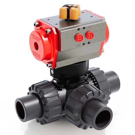 TKDJV/CP DA - Pneumatically actuated DUAL BLOCK® 3-way ball valve - PVC-U Pneumatically actuated valves
