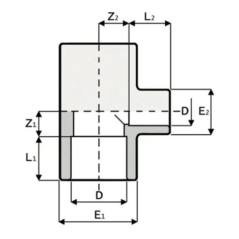 TR1 — 90° reducing tee with reduced branch and solvent weld sockets